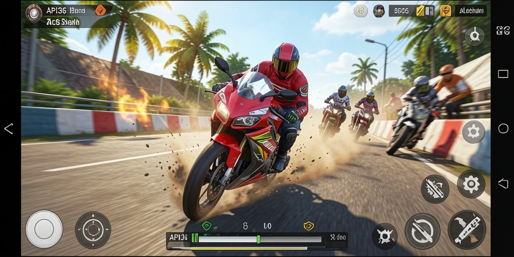 Tampilan gameplay balapan motor yang seru dan mendebarkan.