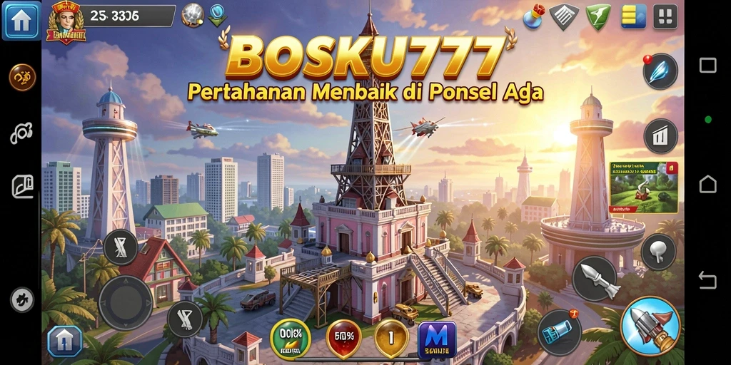 Screenshot gameplay <strong>BOSKU777</strong> yang menampilkan aksi menara pertahanan yang mendebarkan.