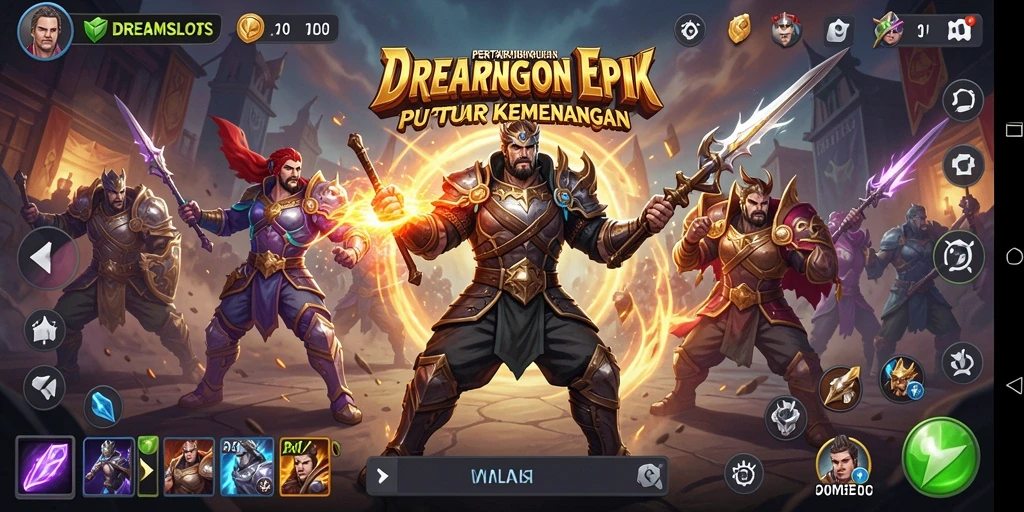 Screenshot gameplay DREAMSLOTS menampilkan aksi pertarungan yang seru dan mendebarkan.
