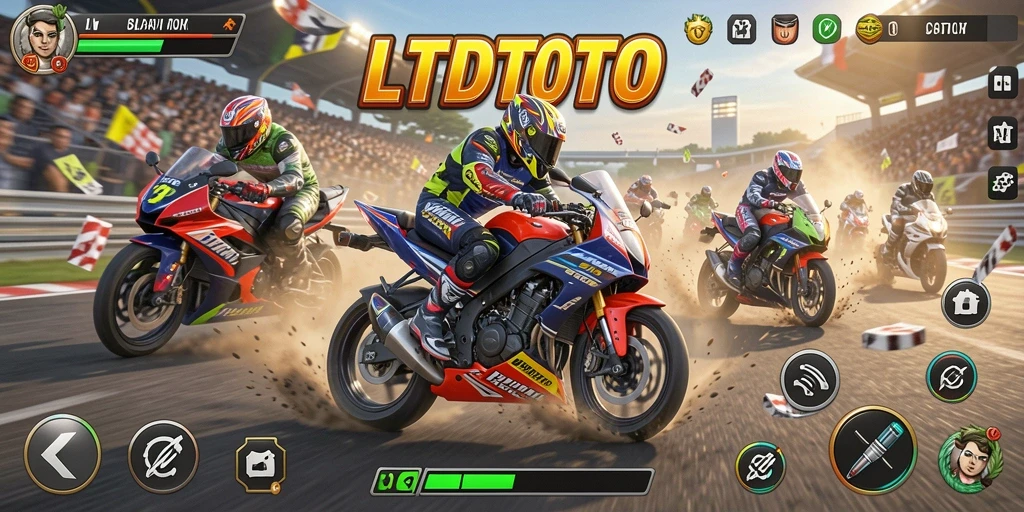 Screenshot gameplay LTDTOTO dengan aksi balap motor yang menegangkan.